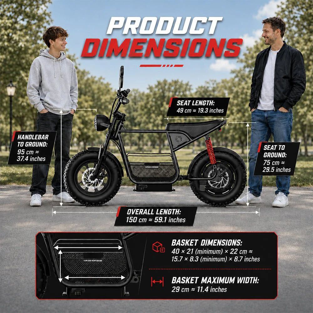 WindHorse D1 multi-terrain e-bike dimensions with integrated storage basket