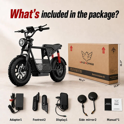 WindHorse D1 e-bike package with charger, footrests, display, mirrors and manual