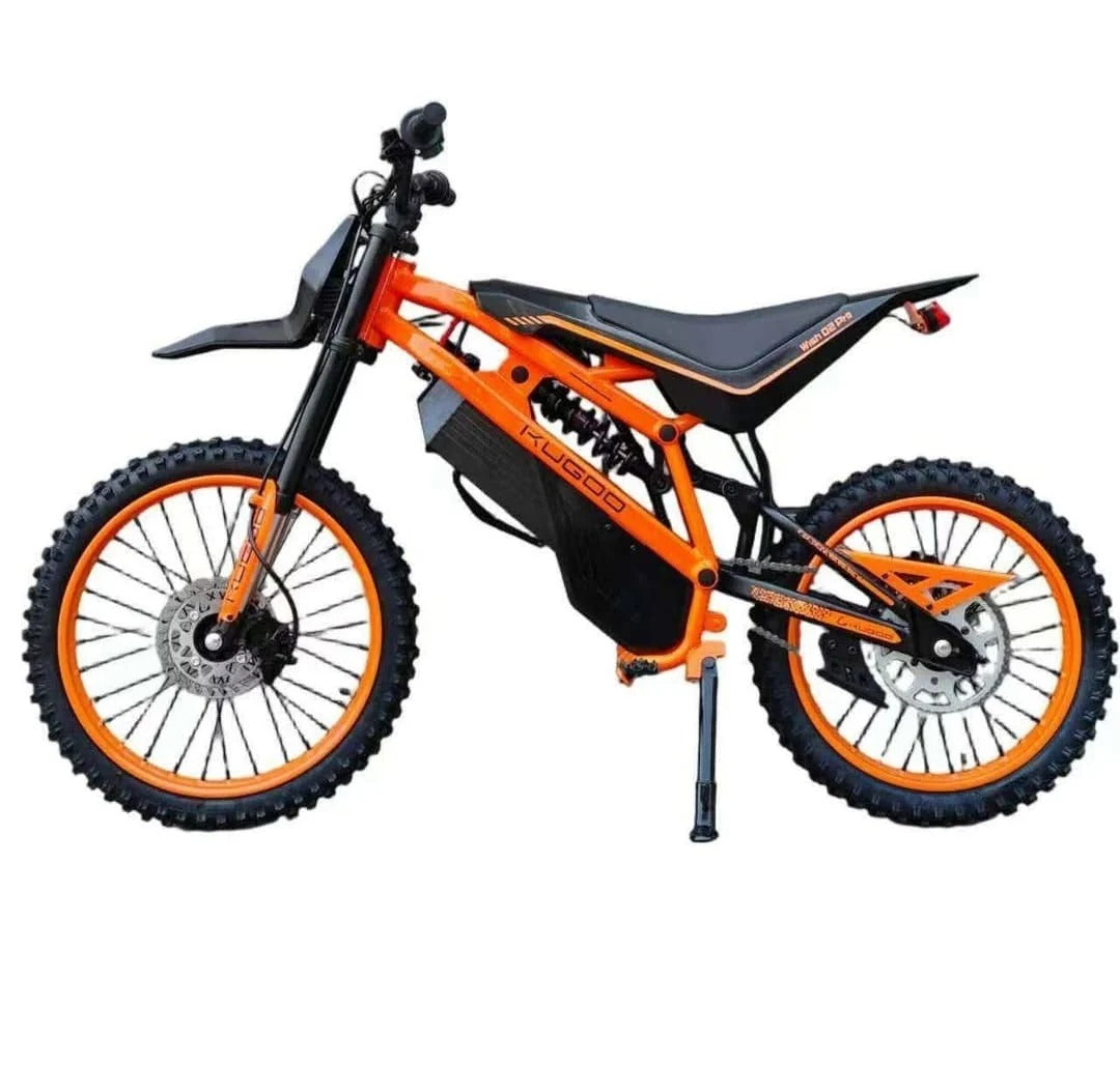 Kugoo Wish 02 Pro orange electric dirt bike side view with 19-inch and 17-inch off-road tyres