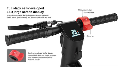 X11 MAX electric scooter LED display with handlebar controls and accelerator