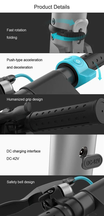 X7 foldable electric scooter folding mechanism throttle grip charging port and bell