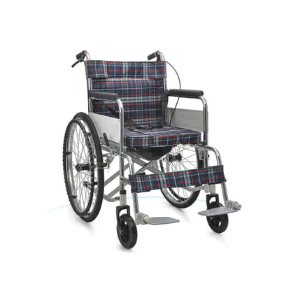 XT-T007 Manual Wheel chair with toilet convenient, checkered cloth-front view