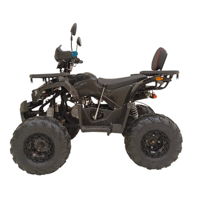 Four Stroke 150cc Petrol ATV side view with heavy-duty tubeless off-road tires and rear cargo rack