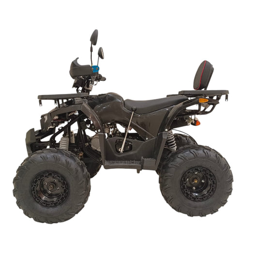 Four Stroke 150cc Petrol ATV side view with heavy-duty tubeless off-road tires and rear cargo rack