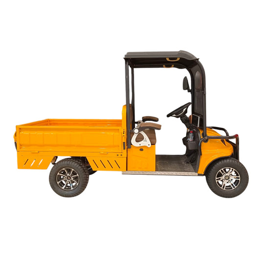 V7 Electric Cargo Vehicle side view with spacious rear cargo bed and removable passenger seating