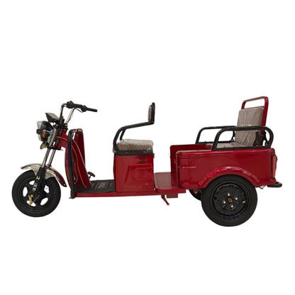 Electric cargo tricycle side view with foldable passenger seat and rear cargo box.