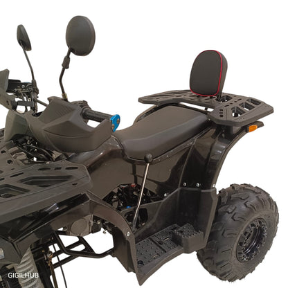 Side angle of Four Stroke 150cc Petrol ATV showing comfortable seat, rear backrest and front cargo rack
