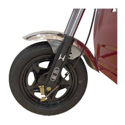 Front suspension and wheel assembly of electric cargo tricycle.