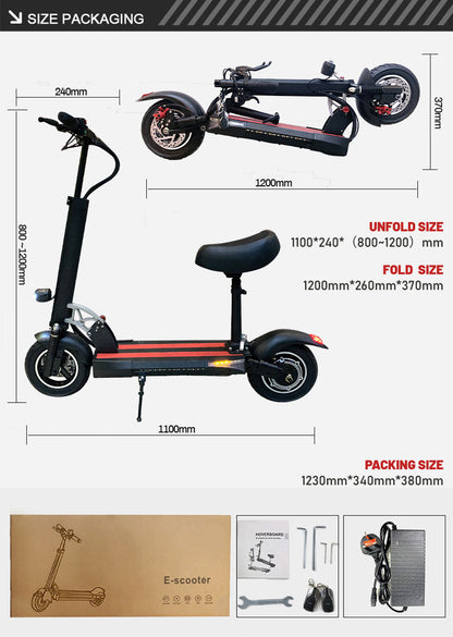 E-scooter with its unfolded, folded, and packaging dimensions displayed.