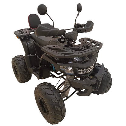 Front three-quarter view of Four Stroke 150cc Petrol ATV with LED headlights and large utility cargo racks