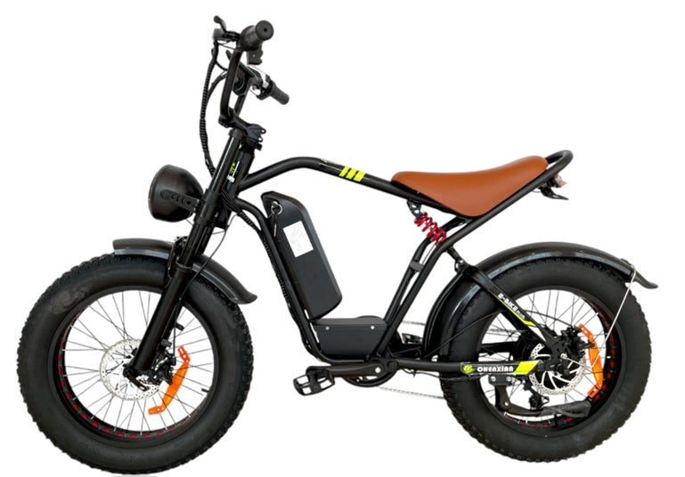 S1 Pedal Assisted Fat Tires E-Bike side profile highlighting 2000W motor, removable battery and Shimano 5-speed drivetrain