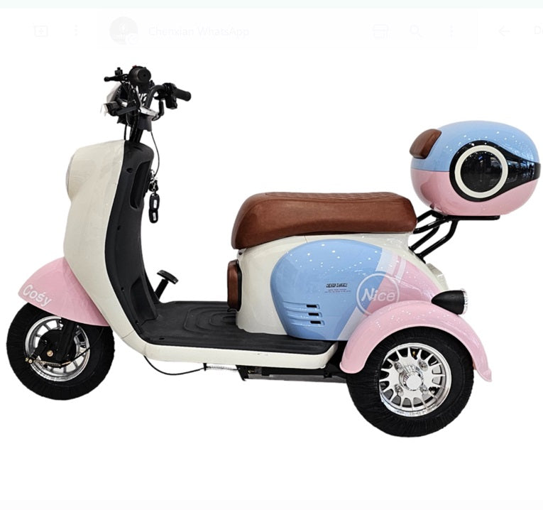 CM-03 Tri-Wheel Two Seater Electric Mobility Bike side profile showing baby seat, rear luggage box and 14-inch tyres